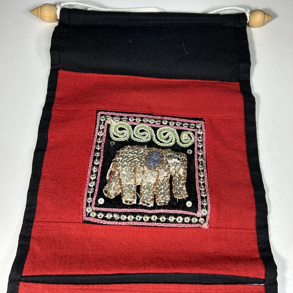 Wall Hanging Sequin Bejeweled Tapestry w/ Elegant Elephants, Pockets